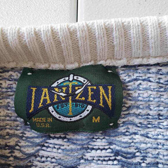 Vintage Janzen Sweater Mens Medium White Blue 3D Knit Crewneck Geometric 80s - Picture 3 of 6